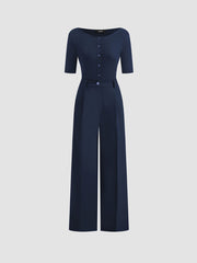 Boat Neck Button Mid-length Sleeve Jumpsuit