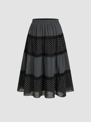 Chiffon Mid Rise Lace Trim Polka Dot Maxi Skirt