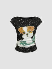 Boat Neck Polka Dot Dog Graphic Ruched Tee