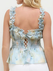 Chiffon Illusion Shirred Lettuce Trim Lace Up Ruffle Hem Tank Top