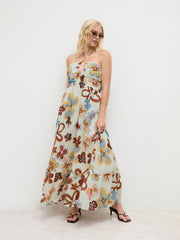 Halter Neckline Floral Ruched Criss Cross Maxi Dress