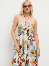 Halter Neckline Floral Ruched Criss Cross Maxi Dress