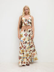 Mid Rise Floral Knotted Tiered Maxi Skirt