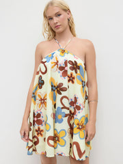 Halter Neckline Floral Criss Cross Oversized Mini Dress
