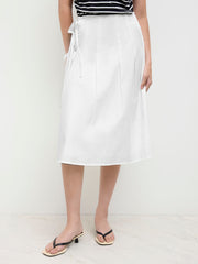 Cotton Low Rise Tie Side Knotted Pleated Midi Skirt