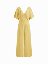 Linen-blend V-neck Solid Corset Middle Sleeve Pocket Jumpsuit