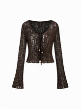 Knit Crochet V-Neck Beaded Hollow Out Knotted Cardigan