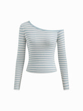 Knit Wool-blend Asymmetrical Neck Stripe Long Sleeve Top