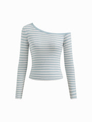 Knit Wool-blend Asymmetrical Neck Stripe Long Sleeve Top