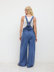 Denim Pleated Belted Shoulder Straps Jumpsuit