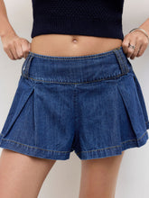 Denim Low Rise Elastic Waist Pleated Mini Skort