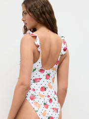 Shaping V-neck Fruit Polka Dot Cut Out One Piece Swimsuit