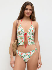 V-neck Strawberry Knotted Tankini Cheeky Bikini Set