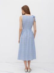 Cotton Boat Neck Gingham Bowknot Midi Dress