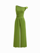 Asymmetrical Neck Flower Detail Ruched Straight Leg Jumpsuit