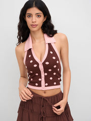 Knit V-neck Halter Polka Dot Button Crop Tank Top