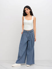 Denim Mid Rise Striped Pleated Wide Leg Jeans