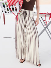 Mid Rise Fold Over Stripe Knotted Wide Leg Trousers