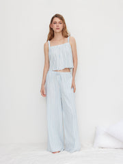 Cotton-blend Square Neck Stripe Oversized Cami Top & Mid Rise Drawstring Straight Leg Trousers Loungewear Set