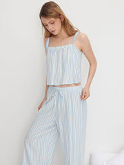 Cotton-blend Square Neck Stripe Oversized Cami Top & Mid Rise Drawstring Straight Leg Trousers Loungewear Set