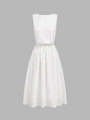 Cotton Round Neckline Elastic Waist Cut Out Split Midi Dress