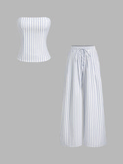 Cotton-blend Stripe Bandeau & Knotted Wide Leg Trousers Set