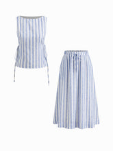 Boat Neck Stripe Tie Side Top & Mid Rise Drawstring Elastic Waist Maxi Skirt Set