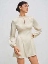 Stand Collar Puff Sleeve Cut out Cinched Waist Ruffle Mini Dress