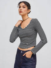 V-neck Curved Hem Striped Button Long Sleeve Tee