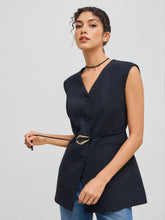 V-neck Solid Button Pocket Long Blazer Vest With Belt