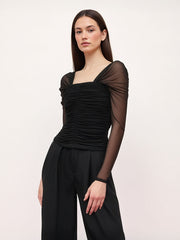 Mesh Square Neck Ruched Long Sleeve Top