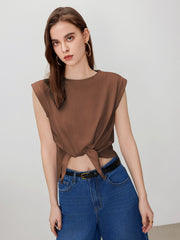 Solid Round Neckline Twist Short Sleeve Crop Top