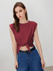 Solid Round Neckline Twist Short Sleeve Crop Top