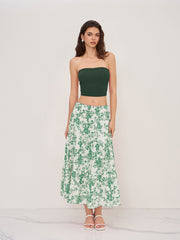 Solid Crop Tube Top & Mid Rise Floral Ruffle Tiered Maxi Skirt Set