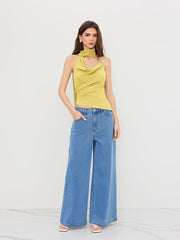 Halter Neckline Ruched Cami Top With Scarf