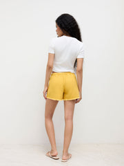 Denim Low Rise Drawstring Knotted Raw Hem Micro Shorts
