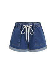 Denim Knotted Drawstring Roll Hem Micro Shorts