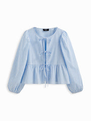 Cotton-blend Stripe Tie Front Bow Blouse