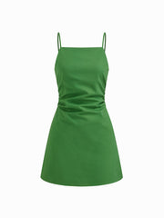 Linen-blend Square Neck Backless Beaded Ruched Mini Dress