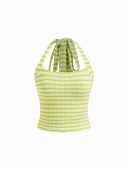 Cotton-blend Halter Neckline Stripe Texture Tank Top