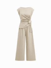 Boat Neck Stripe Ruched Knotted Straight Leg Jumpsuit