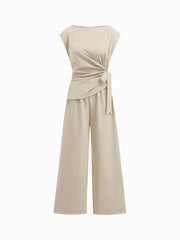 Boat Neck Stripe Ruched Knotted Straight Leg Jumpsuit