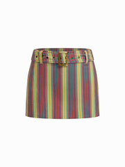 Cotton Low Rise Stripe Mini Skirt With Belt