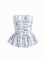 Bandeau Floral Shirred Ruffle Hem Top
