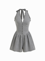 Gingham Halter Neckline Shirred Romper