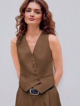 Linen-blend V-neck Solid Button Jacket Vest