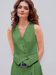 Linen-blend V-neck Solid Button Jacket Vest