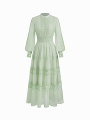 Stand Collar Embroidery Hollow Out Tie Back Knotted Lantern Sleeve Maxi Dress