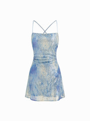 Sequins Square Neck Gradient Ruched Backless Criss Cross Mini Dress