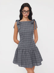 100% Cotton Boat Neck Bowknot Plaid Ruffle Mini Dress